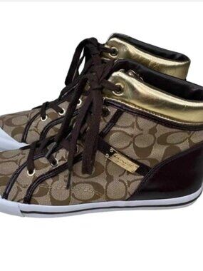 Coach Freesia Woman's Brown Gold Signature High Top Sneakers Size 8.5B